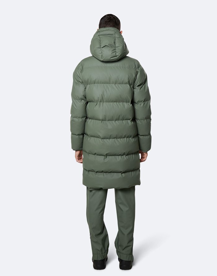 olive green long puffer coat