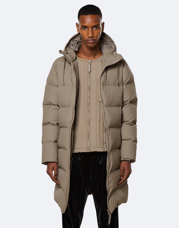 Long Puffer Jacket Taupe Rains Winter, Winter Long Down Coat With Hood