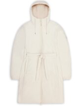 Rains Lohja Long Insulated Curve Jacket Dune light beige women's spring and autumn trench coat with a belt