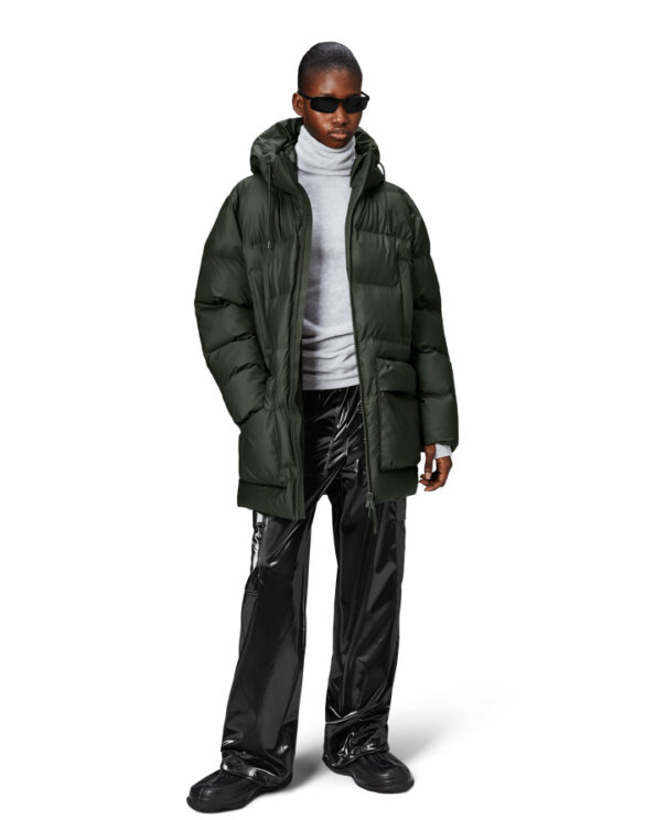 Rains 15210-03 Green Alta Long Puffer Cargo Jacket Green Talvemantel Mehed Naised Ülerõivad  Talvejoped ja mantlid