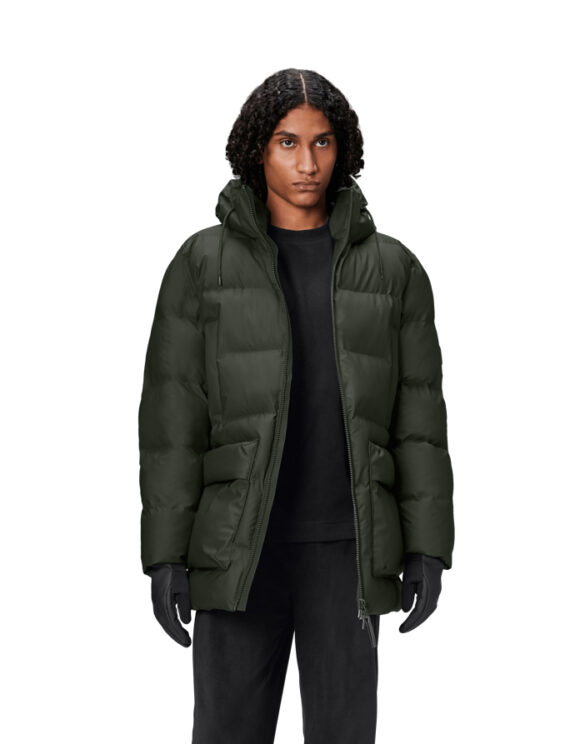 Rains 15210-03 Green Alta Long Puffer Cargo Jacket Green Talvemantel Mehed Naised Ülerõivad  Talvejoped ja mantlid