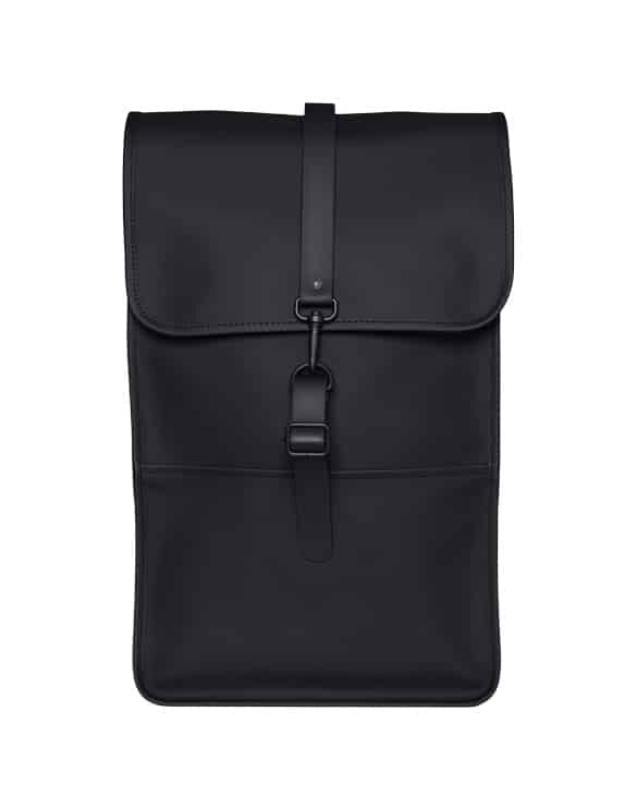 Backpack Black is the most popular and iconic bag model from Rains. This minimalistic and functional men's and women's backpack is highly valued for both everyday users and travellers. Backpack Black is made from a water resistant vegan PU material. All zippers are waterproof.