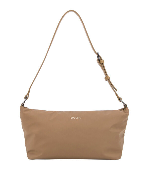 Hvisk Gil Matte Twill Brown Nude color adjustable strap and zip closure shoulder bag made from a recycled twill fabric